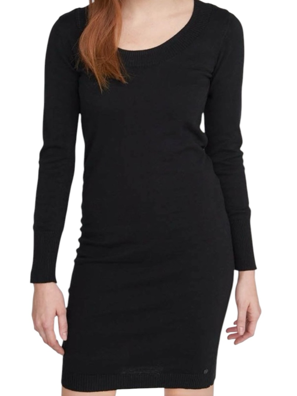 BENCH Black Knit Long Sleeve Sweater Dress Boat Neck Ruching One Side Medium